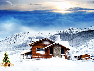 brown and white concrete house, cabin, mountains, snow