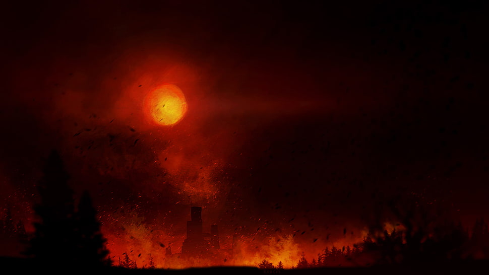 red moon illustration, fire, trees HD wallpaper