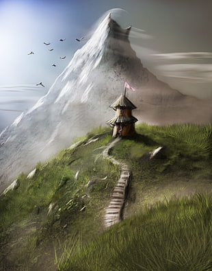 nipa hut near mountain painting, mountains, landscape, painting, Photoshop HD wallpaper