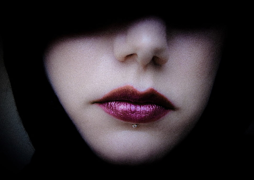 person's purple lips and silver-colored accessory HD wallpaper