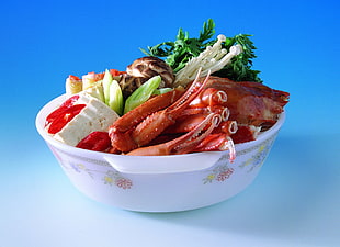 lobster, raw vegetables, and cake HD wallpaper