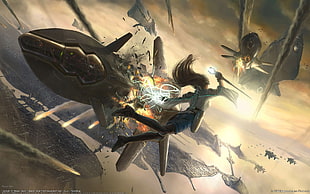 female warrior flying towards warships digital wallpaper, science fiction, Dogfight (Video Games)