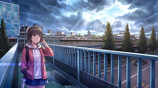 girl in pink jacket and blue miniskirt on top of bridge anime character 3D wallpaper
