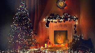Christmas themed room, fireplace, trees, toys, clocks
