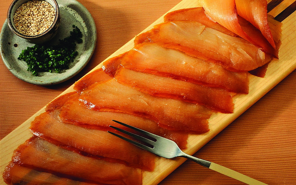 stainless steel fork on sliced ham HD wallpaper