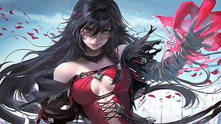 long black-haired woman fictional character graphic wallpaper