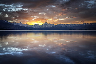 white mountains and body of water, nature, mountains, sunset, water