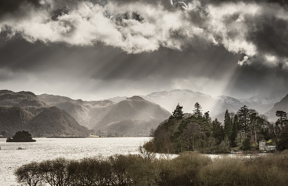 landscape photography of mountains beside body of water near forest, derwentwater HD wallpaper
