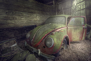 green Volkswagen Beetle coupe, abandoned, barn, Volkswagen Beetle, wreck HD wallpaper