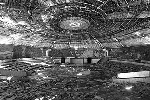 grayscale photo of ruined stadium