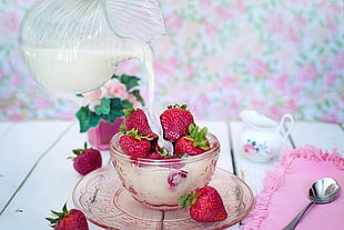 strawberry fruits, Strawberry, Berries, Milk
