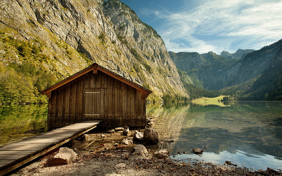 brown and black wooden house, nature, landscape, reflection, hut HD wallpaper