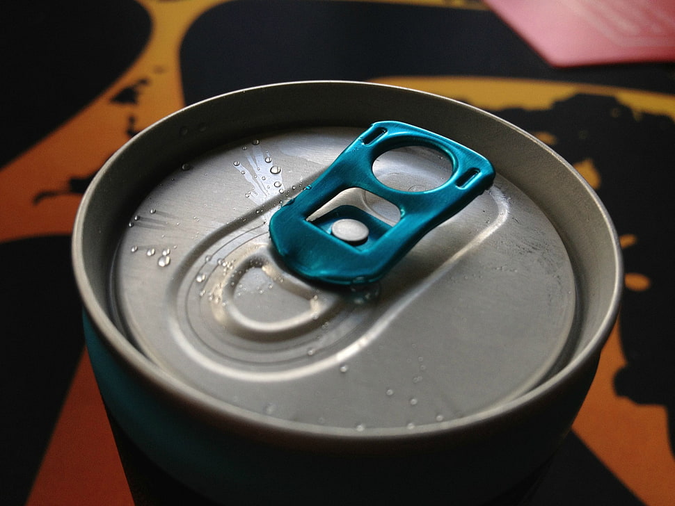 blue soda can, can, blue, orange, macro HD wallpaper