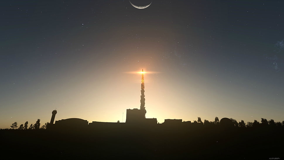 black tower, Kerbal Space Program, Launch, stars, rocket HD wallpaper