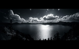 grayscale photo of lake and clouds