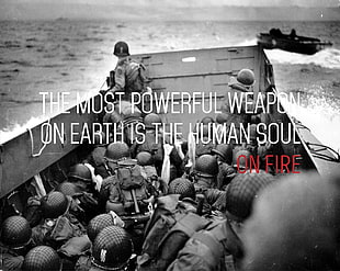 grayscale photo of boat with text overlay, war, quote, typography
