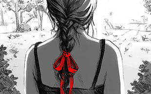 woman with red hair ribbon illustration