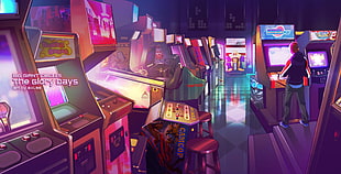 arcade machine lot,  retrowave, retro games, purple, dark HD wallpaper