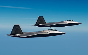 two gray fighter planes, F-22 Raptor, military aircraft, aircraft, US Air Force