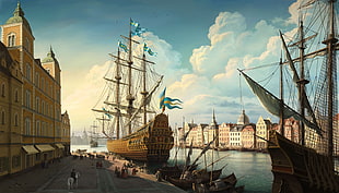 painting of galleon docked near concrete structure, ship, artwork, Sweden, Stockholm