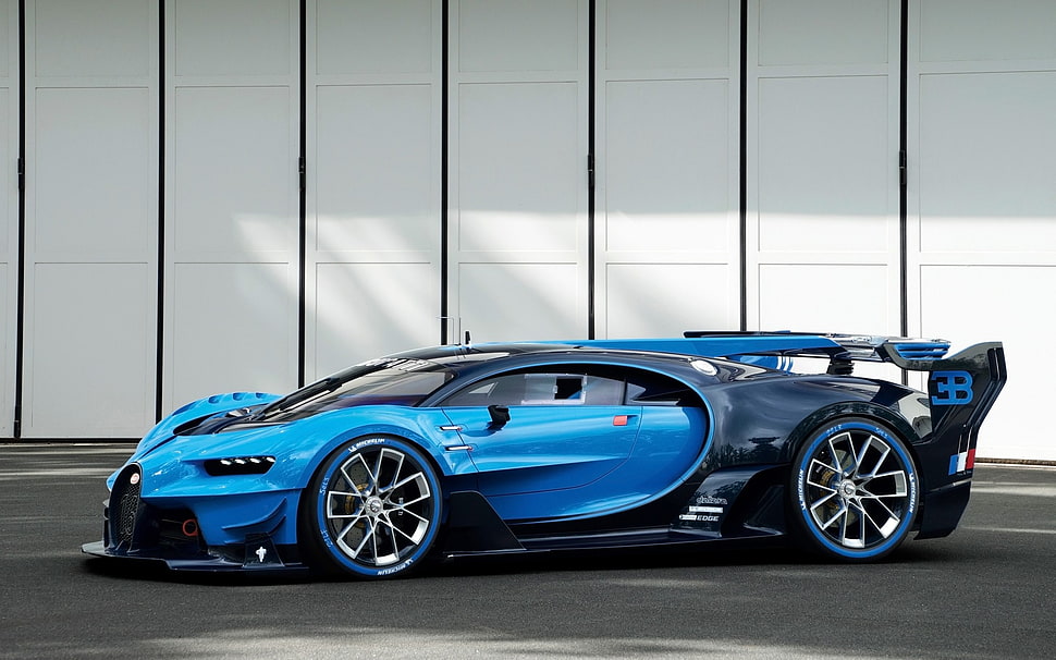 Black and blue sports car, car, vehicle, blue cars, Bugatti Vision Gran ...
