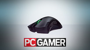 black wireless computer gaming mouse with text overlay, video games, PC gaming, computer mice