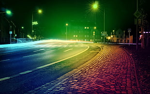 green road light, road, colorful, street, cityscape