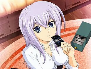 purple haired female Anime character holding card