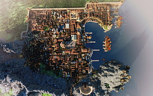 aerial photography of village near body of water, digital art, city, eagle view, Minecraft