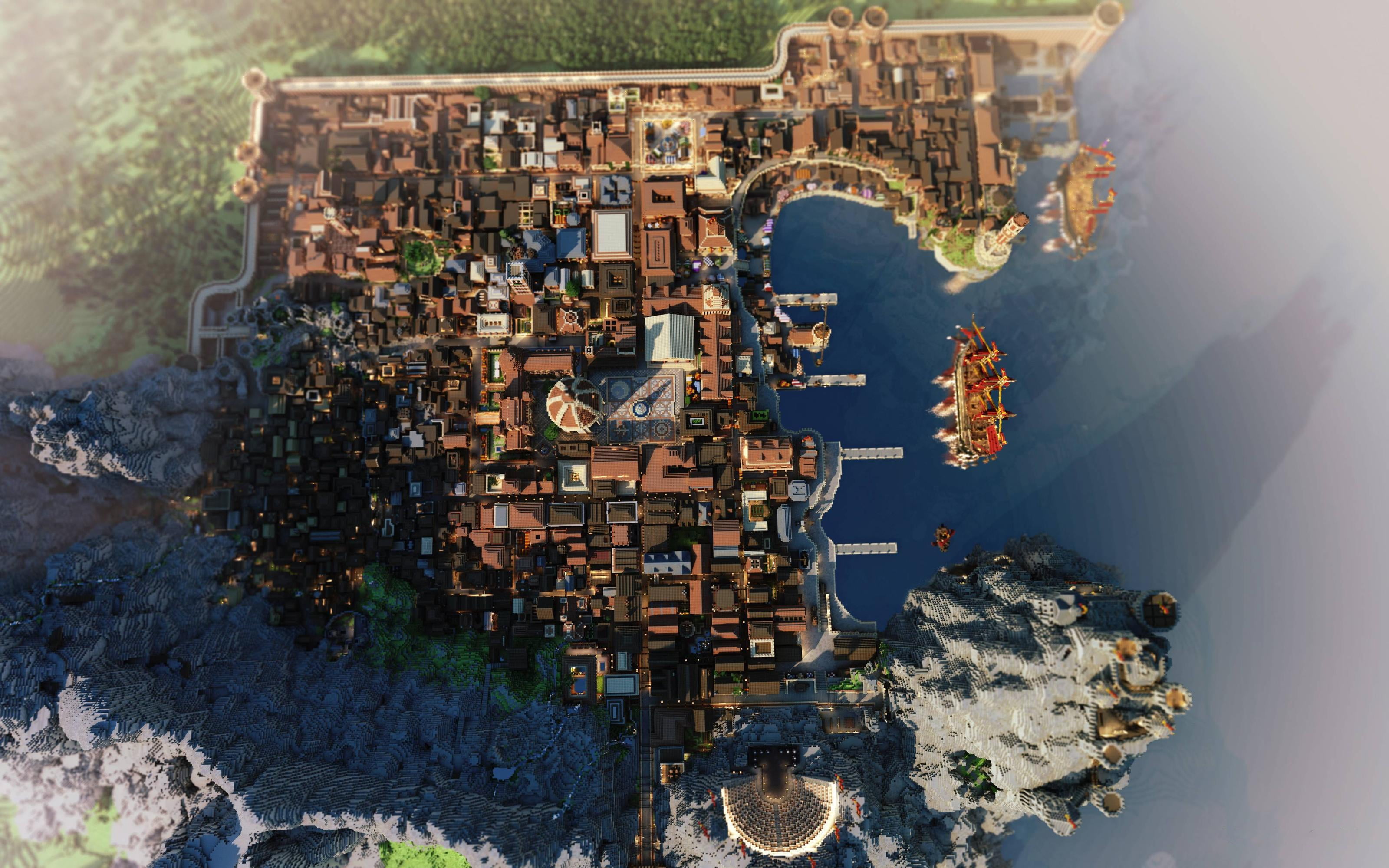 aerial photography of village near body of water, digital art, city, eagle view, Minecraft