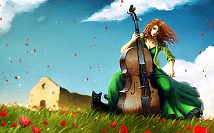 woman playing cello on grass field beside bombay cat under blue and white sky during daytime illustration