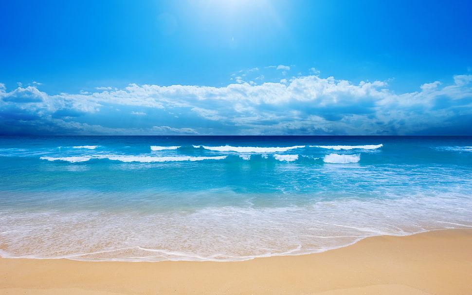 seashore, beach, sand, sky, clouds HD wallpaper