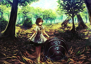 female animated character digital wallpaper, forest, trees, original characters, insect