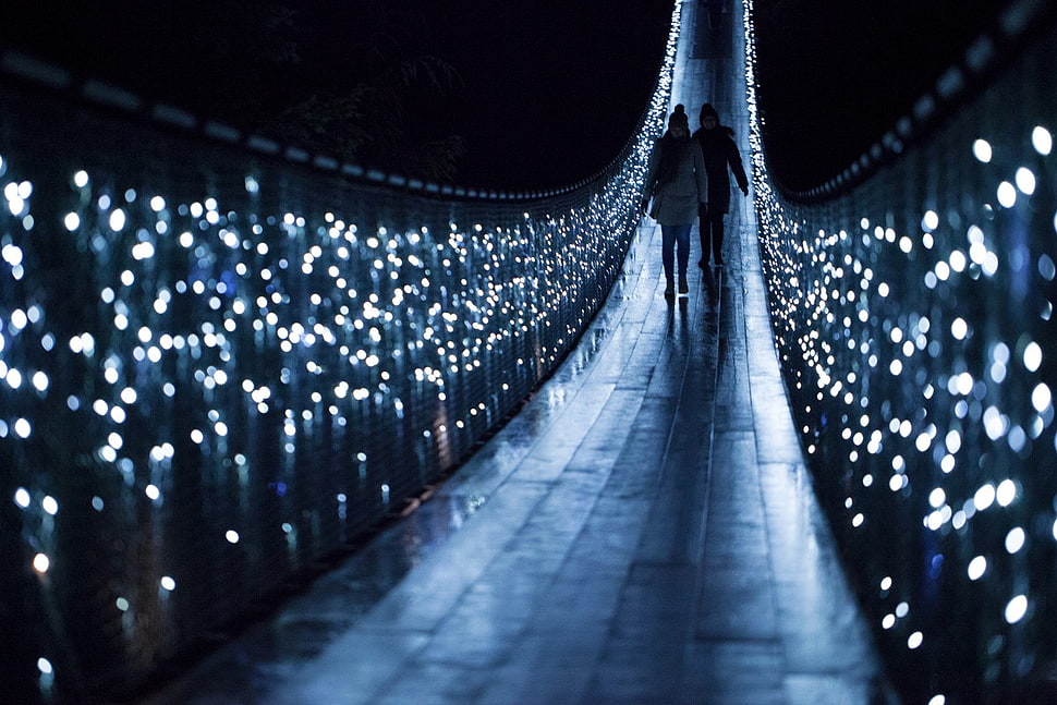 grey bridge, bridge, bokeh, night HD wallpaper