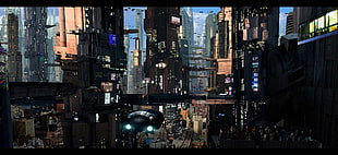 futuristic place digital wallpaper, aircraft, cityscape, futuristic city, science fiction