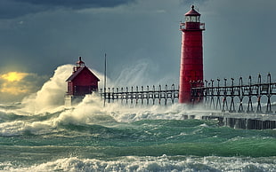 red lighthouse, lighthouse, sea, storm