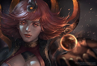 Anime character illustration, fantasy art, magic, redhead, Lux (League of Legends)