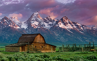 wooden shack with mountain background digital painting, landscape, mountains, snowy peak, barn
