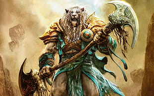 lion warrior wielding glaive digital wallpaper, digital art, Magic: The Gathering, Ajani Goldmane, video games