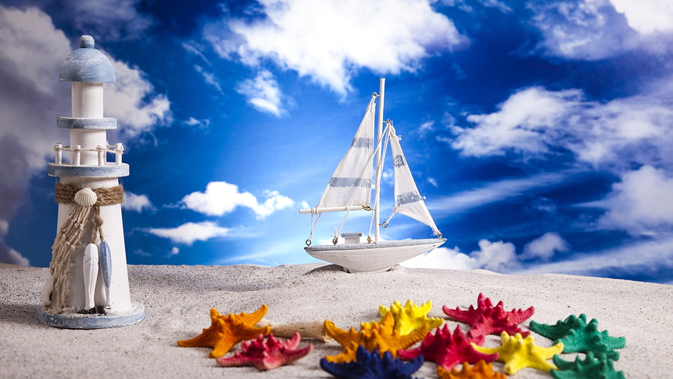 sail boar and lighthouse miniature HD wallpaper