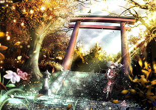 red tori gate illustration HD wallpaper