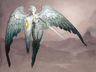 gray character with sword and wings fan art, Magic: The Gathering, platinum Angel, fantasy art, Brom