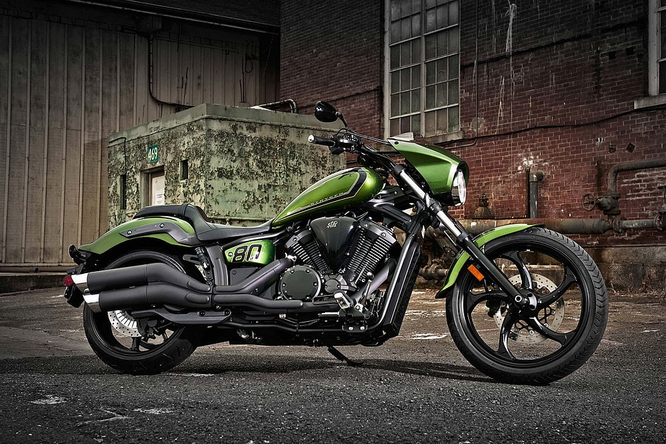 green and black Kawaski Vulcan, motorcycle, vehicle HD wallpaper