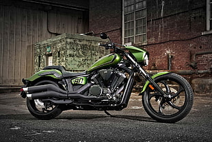 green and black Kawaski Vulcan, motorcycle, vehicle