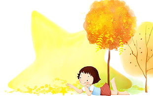 girl playing with leaves and stars illustration