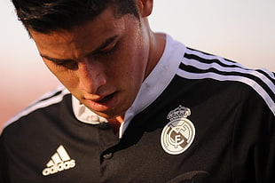 men's black and white adidas shirt, James Rodriguez, Real Madrid, men, soccer HD wallpaper
