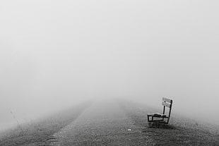 gray bench, mist, bench, path