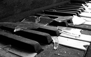 black keyboard keys, piano, musical instrument, broken glass HD wallpaper