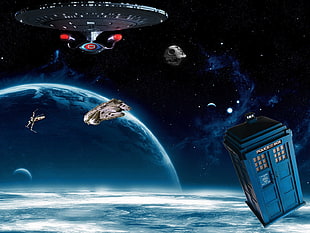 illustration of spaceship, spaceship, TARDIS, Millennium Falcon, Death Star