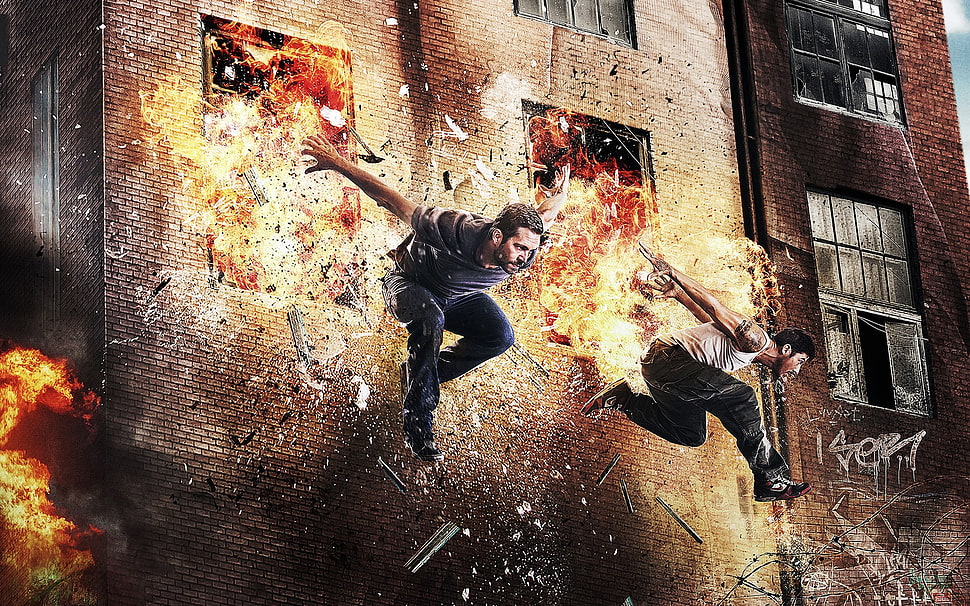 men's black pants, explosion, parkour, David Belle, Paul Walker HD wallpaper